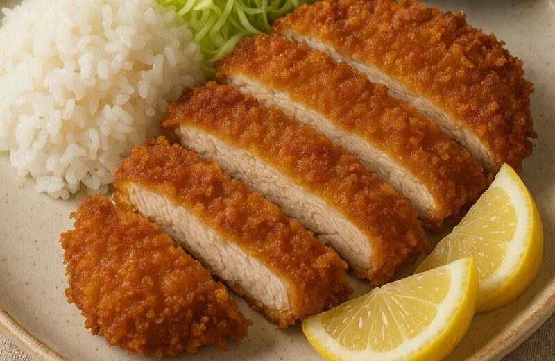 Crispy golden chicken katsu cutlets served with rice and shredded cabbage