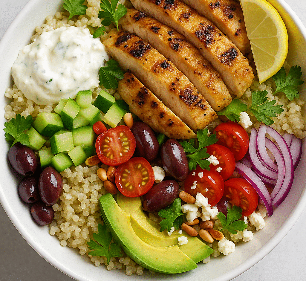Grilled Mediterranean chicken bowl with quinoa, avocado, cherry tomatoes, Kalamata olives, cucumber, red onion, feta cheese, and tzatziki, served in a white bowl on a light background.