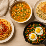 “Four homemade meals on a wooden table including spaghetti with tomato sauce, vegetable soup, chicken breast with rice, and a skillet with eggs and sautéed vegetables”