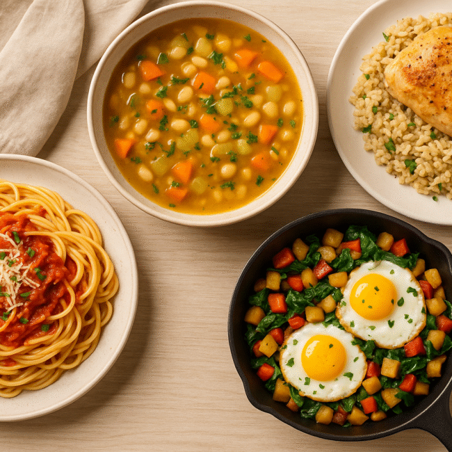 “Four homemade meals on a wooden table including spaghetti with tomato sauce, vegetable soup, chicken breast with rice, and a skillet with eggs and sautéed vegetables”