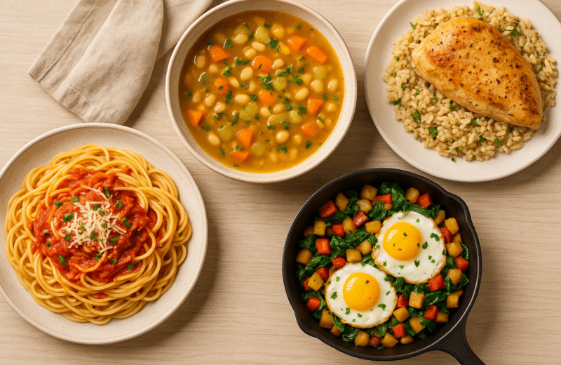 “Four homemade meals on a wooden table including spaghetti with tomato sauce, vegetable soup, chicken breast with rice, and a skillet with eggs and sautéed vegetables”