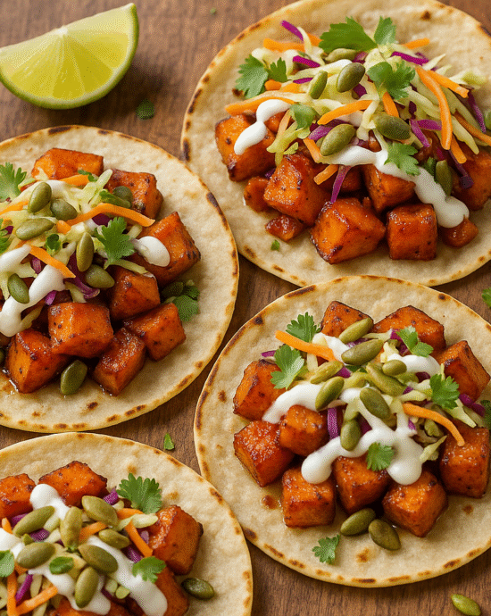 Roasted sweet potato tacos with slaw and chipotle glaze