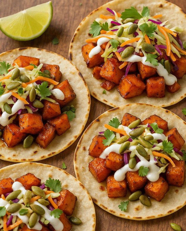 Roasted sweet potato tacos with slaw and chipotle glaze
