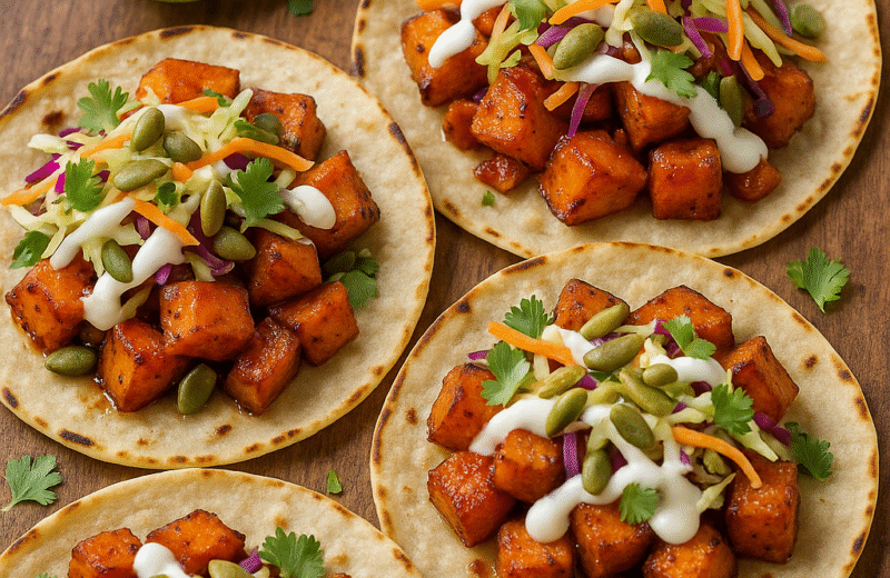 Roasted sweet potato tacos with slaw and chipotle glaze