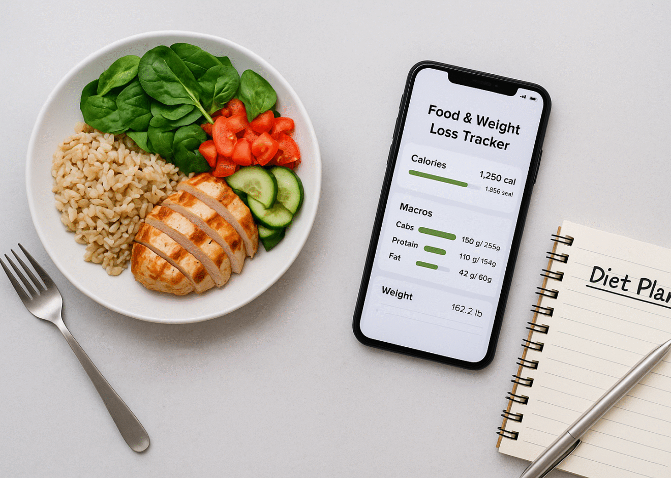 image that represents a food and weight loss tracker — think: a phone app on a table next to a healthy meal and a notebook