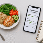 image that represents a food and weight loss tracker — think: a phone app on a table next to a healthy meal and a notebook