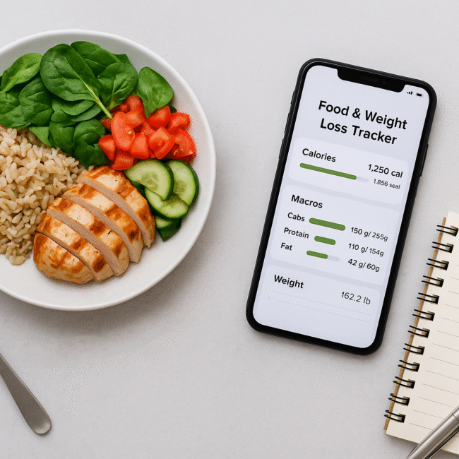 image that represents a food and weight loss tracker — think: a phone app on a table next to a healthy meal and a notebook