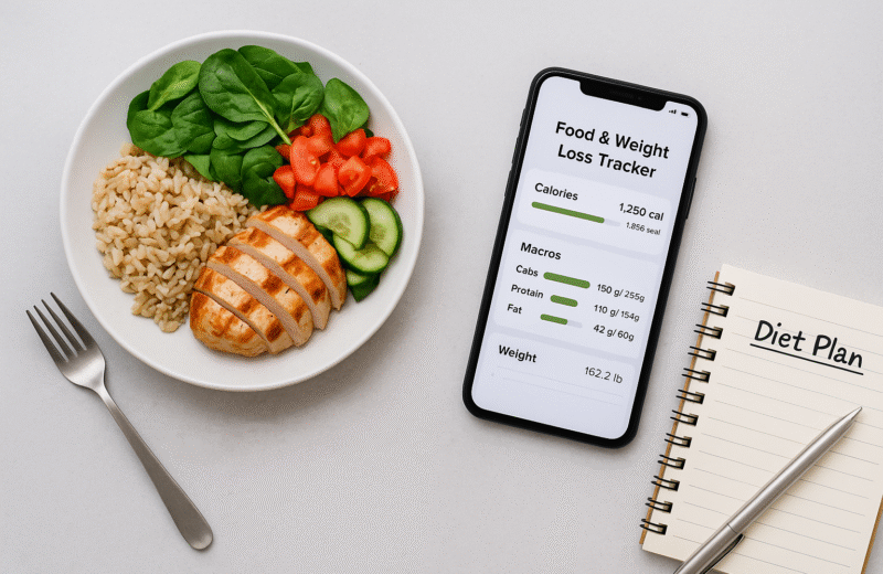 代表食物和减肥追踪器的图像——想象一下：桌子上的手机应用程序旁边是健康餐和笔记本