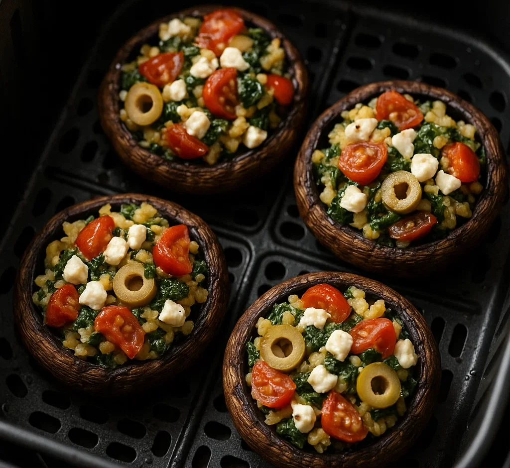 Mediterranean Stuffed Portobello Mushrooms cooked to perfection in the air fryer