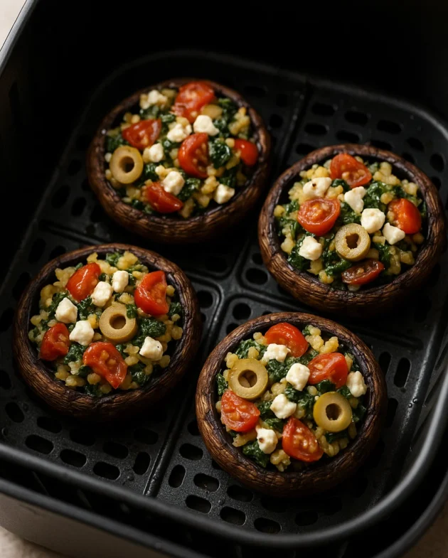 Mediterranean Stuffed Portobello Mushrooms cooked to perfection in the air fryer
