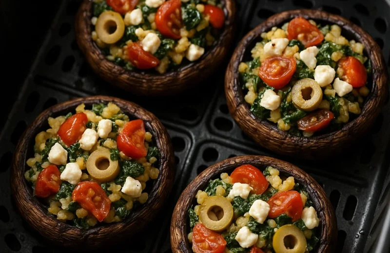 Mediterranean Stuffed Portobello Mushrooms cooked to perfection in the air fryer
