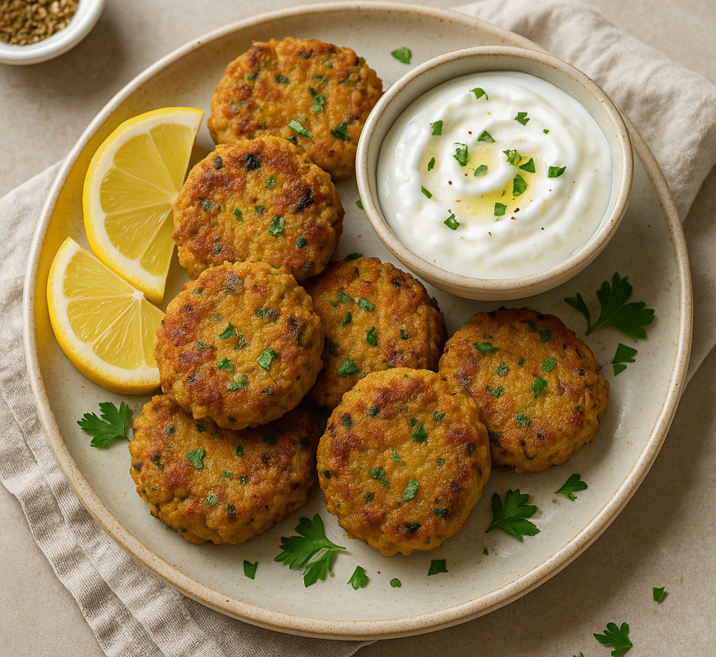 Chickpea fritters on a plate with garlic yogurt dip and lemon wedges