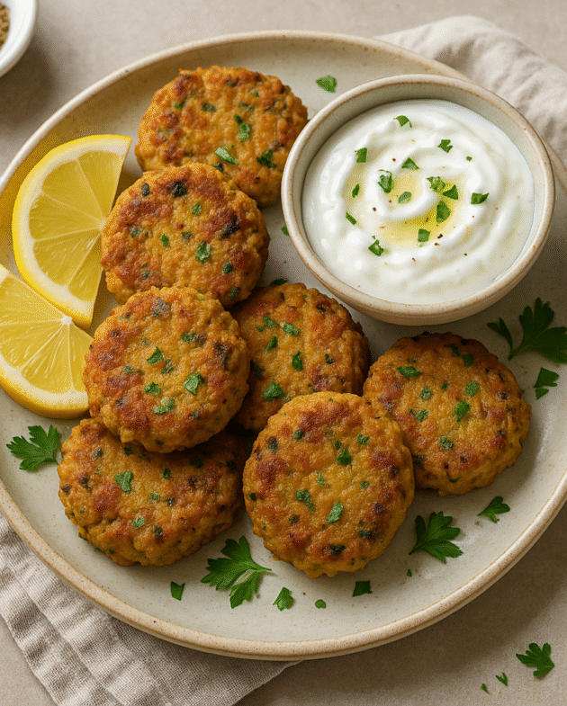 Chickpea fritters on a plate with garlic yogurt dip and lemon wedges