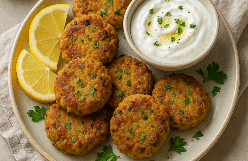 Chickpea fritters on a plate with garlic yogurt dip and lemon wedges