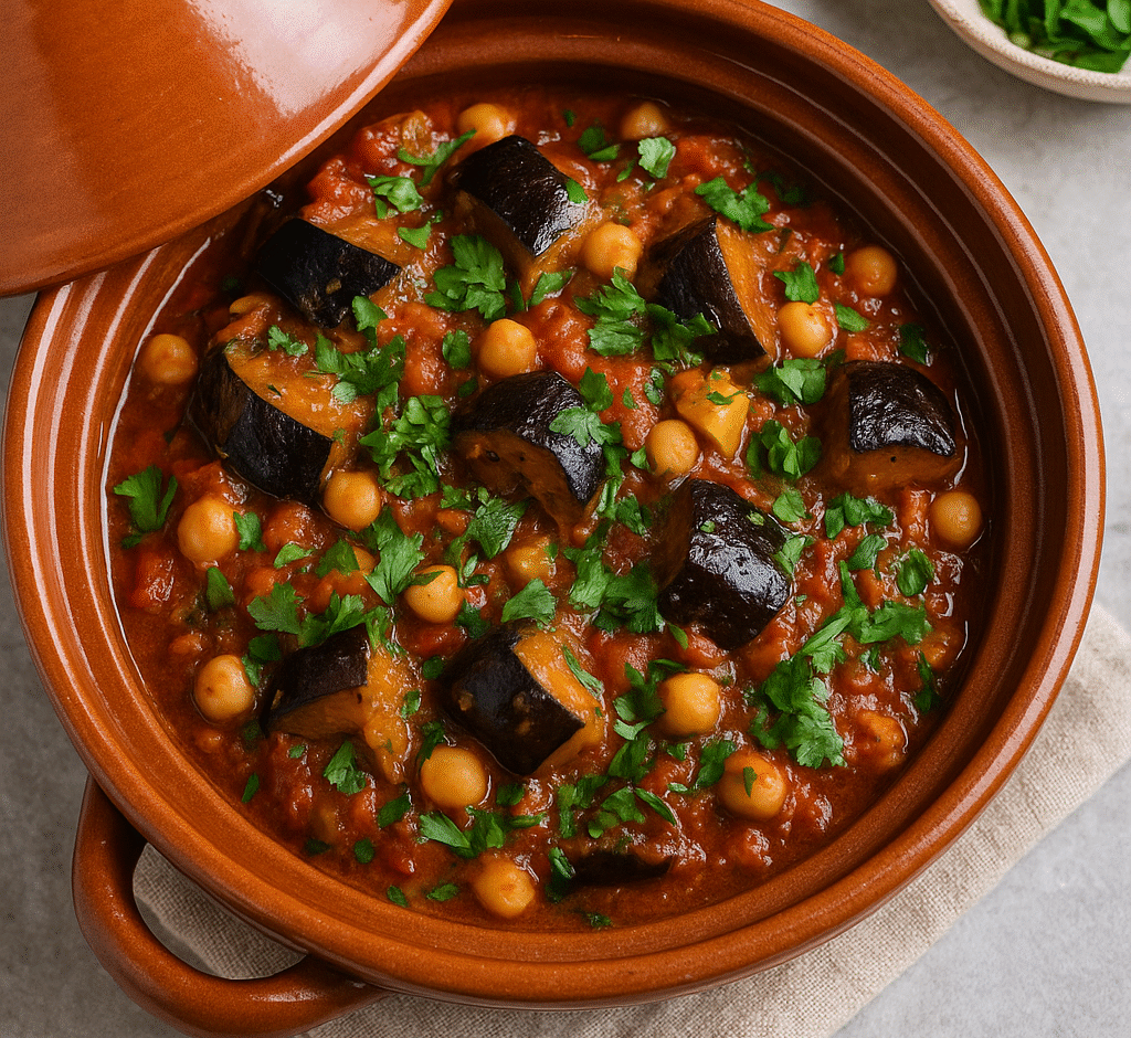 Fire-roasted Moroccan eggplant tagine in tagine pot