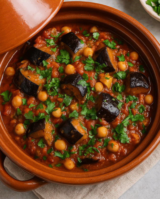 Fire-roasted Moroccan eggplant tagine in tagine pot