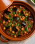 Fire-roasted Moroccan eggplant tagine in tagine pot