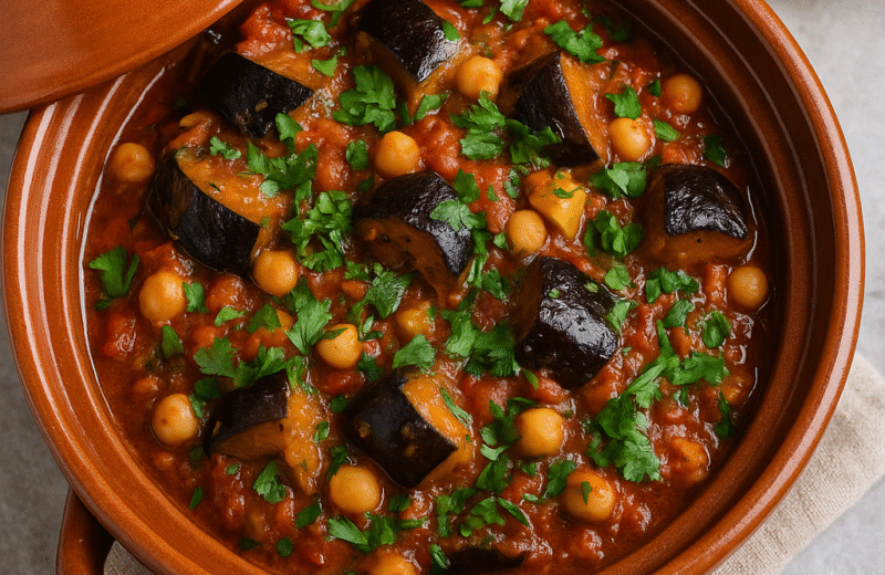 Fire-roasted Moroccan eggplant tagine in tagine pot