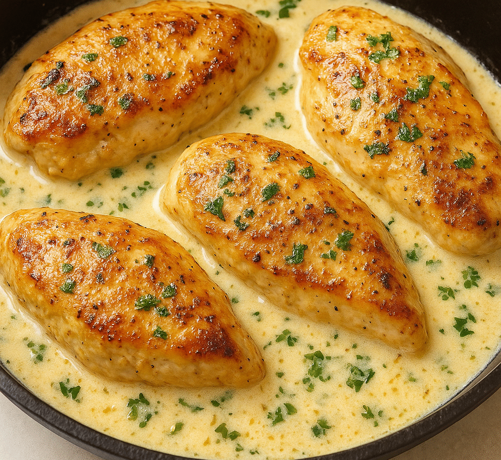 A rich, comforting one-pan dish showing juicy chicken breasts bathed in a velvety garlic-Parmesan cream sauce