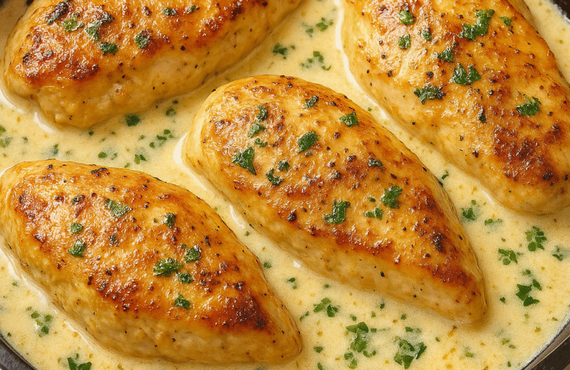 A rich, comforting one-pan dish showing juicy chicken breasts bathed in a velvety garlic-Parmesan cream sauce