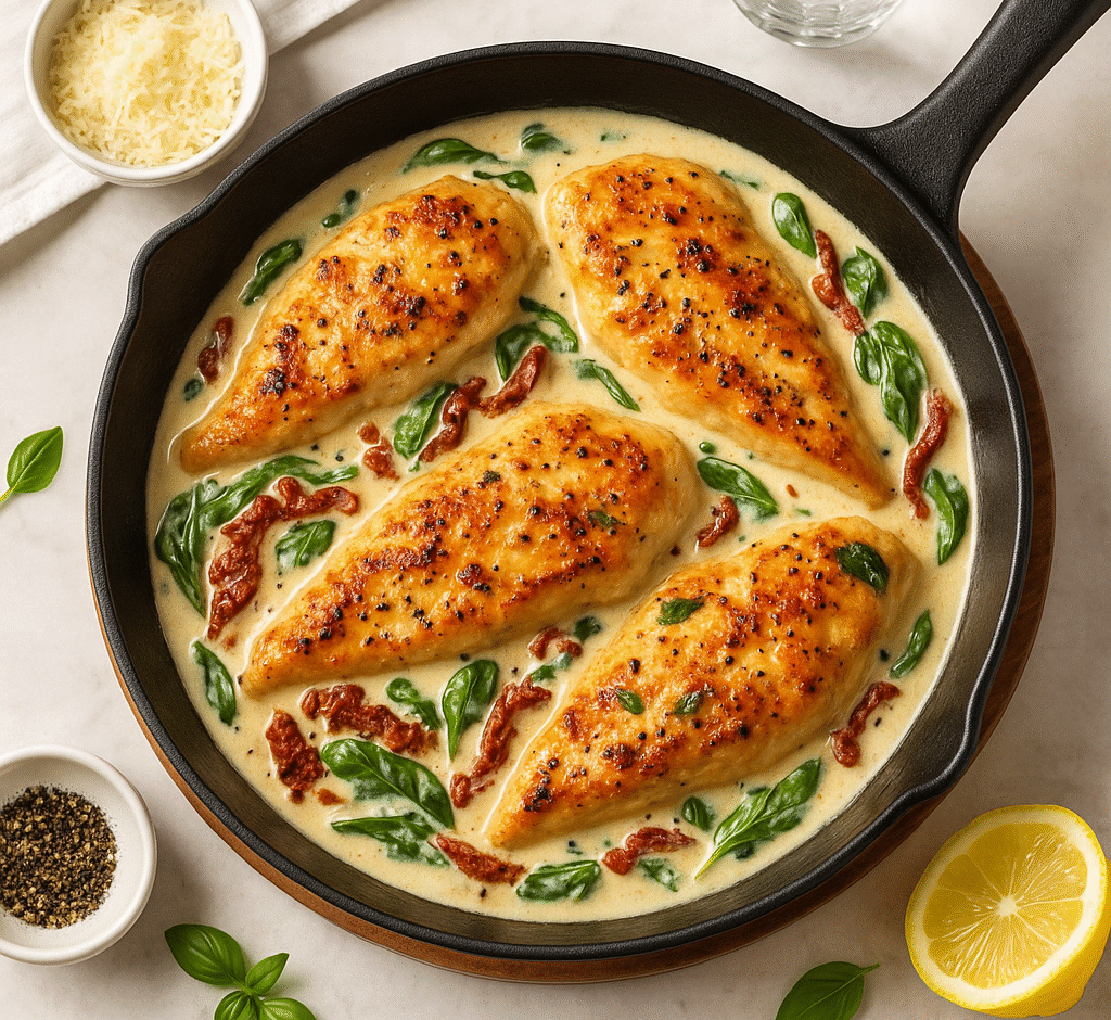 Creamy Tuscan chicken in garlic parmesan sauce with spinach and sun-dried tomatoes in a skillet