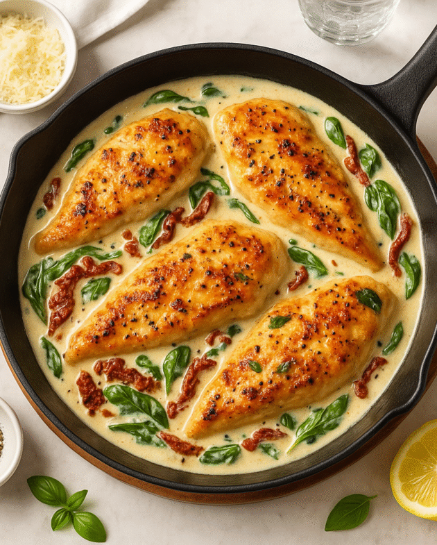 Creamy Tuscan chicken in garlic parmesan sauce with spinach and sun-dried tomatoes in a skillet