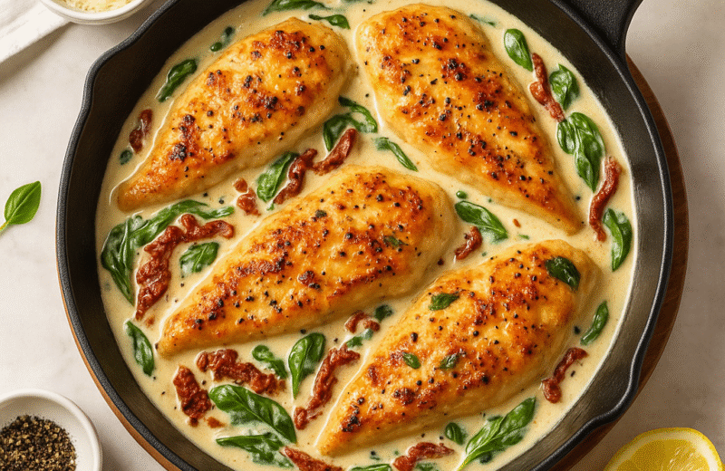 Creamy Tuscan chicken in garlic parmesan sauce with spinach and sun-dried tomatoes in a skillet