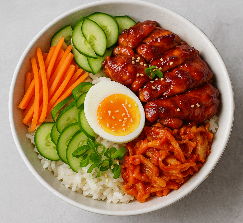 A Korean Gochujang Chicken Bowl featuring glazed chicken slices, jasmine rice, julienned carrots, cucumber slices, kimchi, and a soft-boiled egg, garnished with green onions and sesame seeds, served in a white bowl on a light gray background.