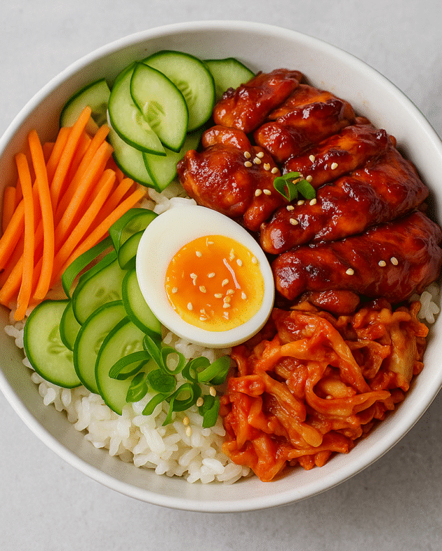 A Korean Gochujang Chicken Bowl featuring glazed chicken slices, jasmine rice, julienned carrots, cucumber slices, kimchi, and a soft-boiled egg, garnished with green onions and sesame seeds, served in a white bowl on a light gray background.