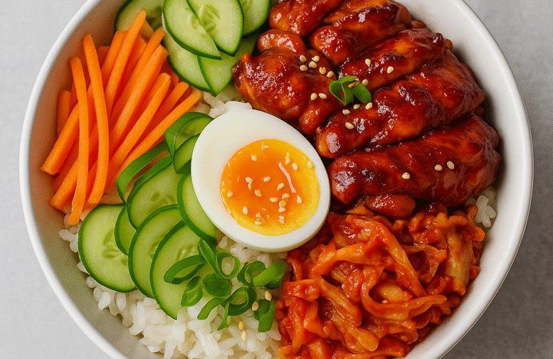 A Korean Gochujang Chicken Bowl featuring glazed chicken slices, jasmine rice, julienned carrots, cucumber slices, kimchi, and a soft-boiled egg, garnished with green onions and sesame seeds, served in a white bowl on a light gray background.