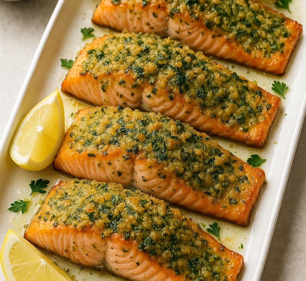 Herb crusted salmon with lemon butter sauce served with roasted asparagus Title: Garlic Herb Crusted Salmon Recipe