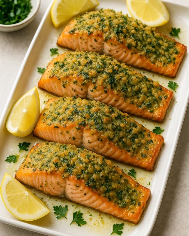 Herb crusted salmon with lemon butter sauce served with roasted asparagus Title: Garlic Herb Crusted Salmon Recipe