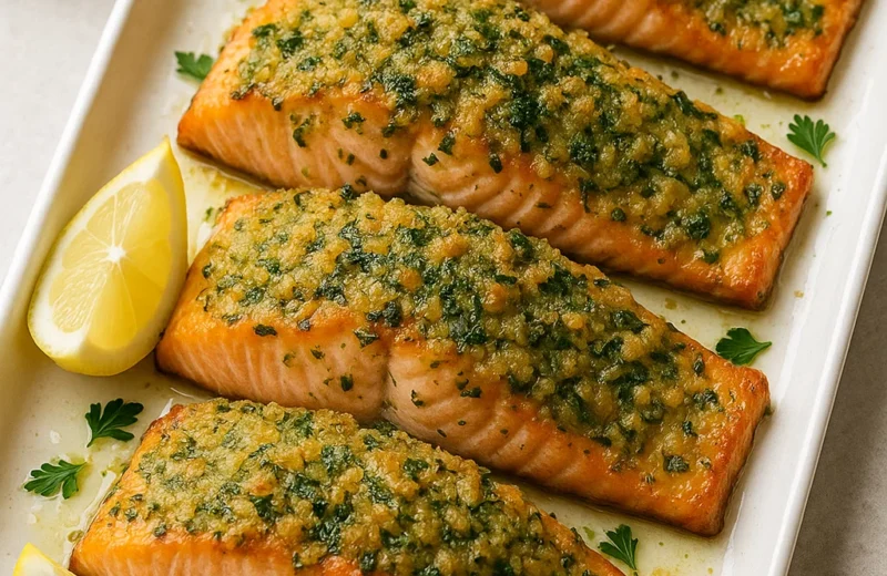 Herb crusted salmon with lemon butter sauce served with roasted asparagus Title: Garlic Herb Crusted Salmon Recipe