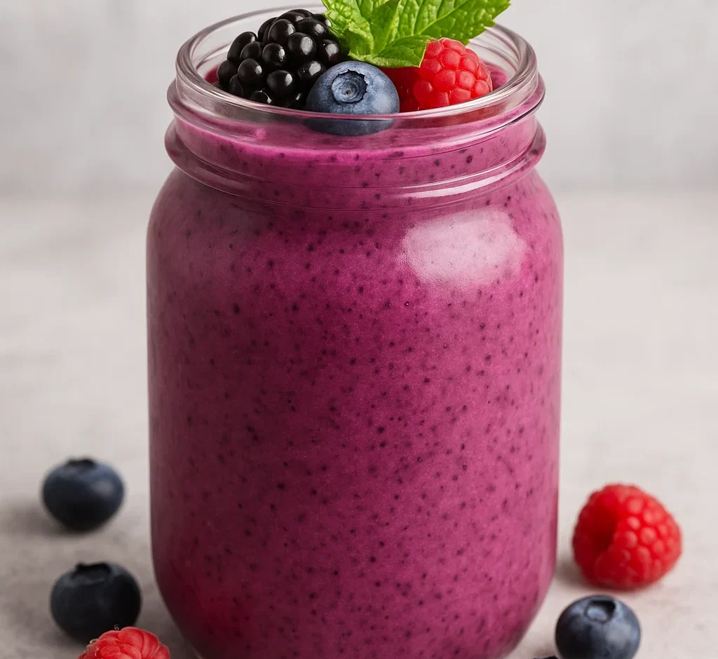 Glass of adaptogenic morning smoothie with fresh ingredients like banana, berries, and herbs on a wooden table – a brain-boosting healthy breakfast drink.