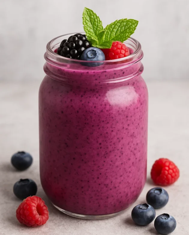 Glass of adaptogenic morning smoothie with fresh ingredients like banana, berries, and herbs on a wooden table – a brain-boosting healthy breakfast drink.