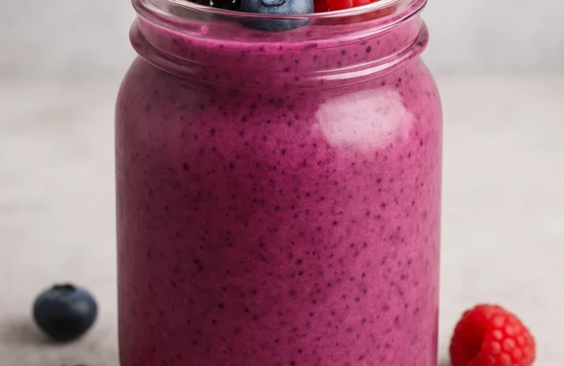 Glass of adaptogenic morning smoothie with fresh ingredients like banana, berries, and herbs on a wooden table – a brain-boosting healthy breakfast drink.