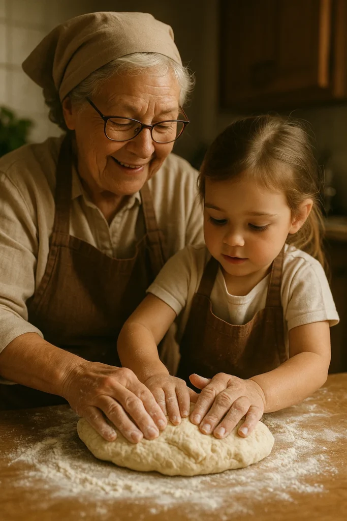 Grandmother teaching a child how to knead dough