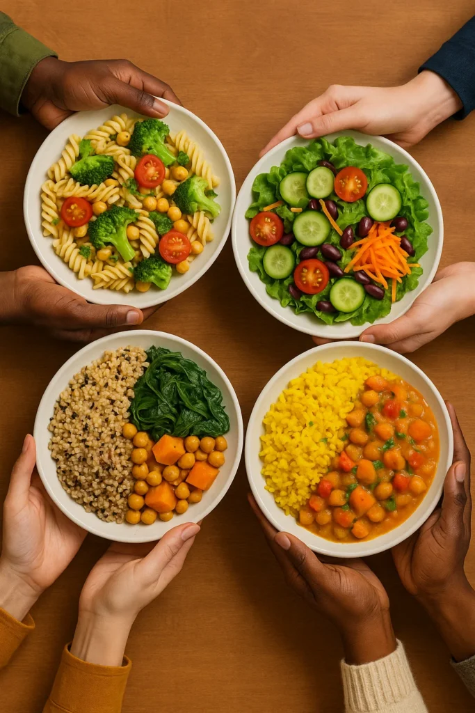 “Diverse hands holding plates in a food circle”