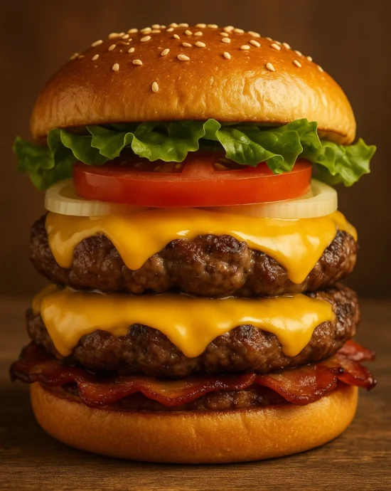 "Homemade classic cheeseburger with cheddar, lettuce, tomato, and toasted bun on wooden board"
