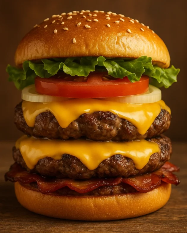 "Homemade classic cheeseburger with cheddar, lettuce, tomato, and toasted bun on wooden board"