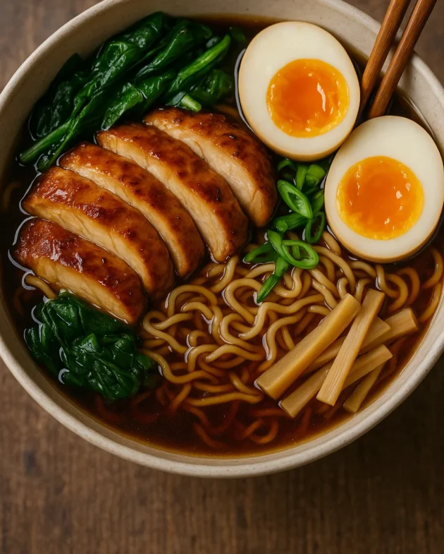 Chicken shoyu ramen in ceramic bowl with egg, nori, bamboo shoots, and soy broth
