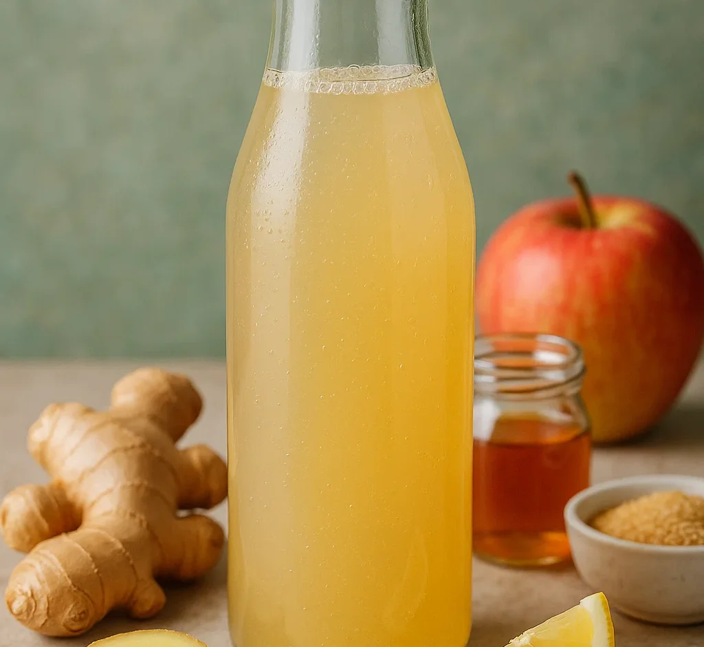 Glass of climate-friendly switchel with ginger, lemon, and apple cider vinegar on a wooden table
