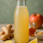 Glass of climate-friendly switchel with ginger, lemon, and apple cider vinegar on a wooden table