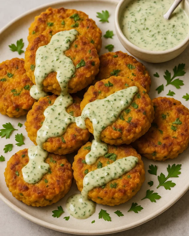 Golden chickpea fritters stacked on a plate, crispy and golden brown, drizzled with herbed tahini sauce and garnished with fresh parsley, served with lemon wedges on the side.