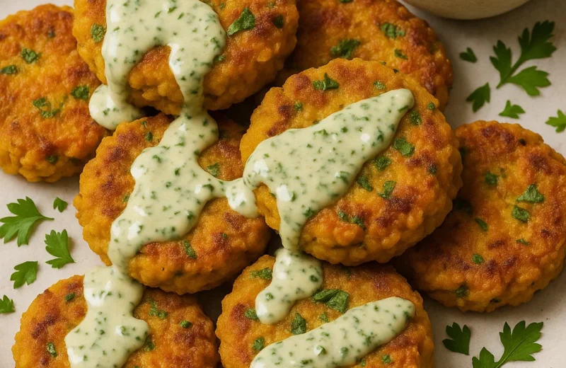 Golden chickpea fritters stacked on a plate, crispy and golden brown, drizzled with herbed tahini sauce and garnished with fresh parsley, served with lemon wedges on the side.