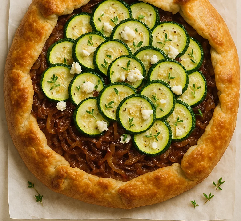 Rustic zucchini galette with golden crust, filled with caramelized onions, zucchini ribbons, and crumbled feta, garnished with thyme.