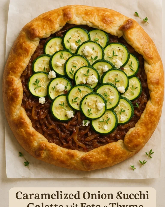 Rustic zucchini galette with golden crust, filled with caramelized onions, zucchini ribbons, and crumbled feta, garnished with thyme.