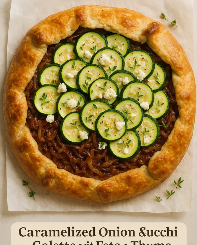 Rustic zucchini galette with golden crust, filled with caramelized onions, zucchini ribbons, and crumbled feta, garnished with thyme.