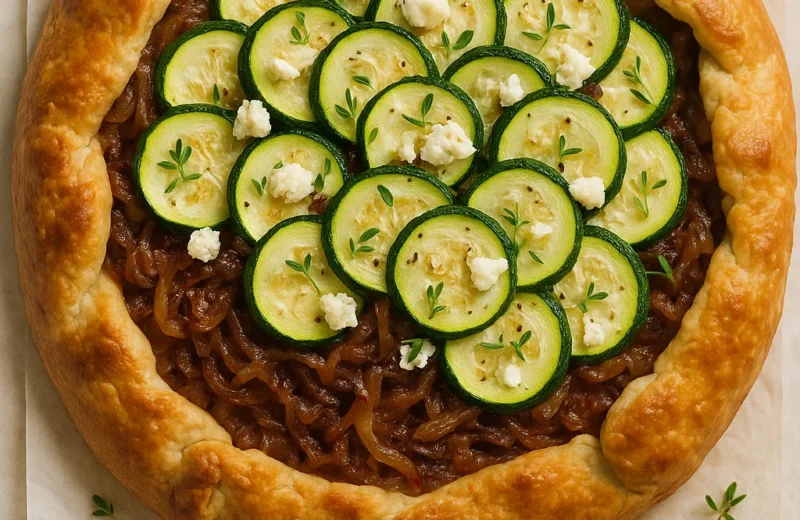 Rustic zucchini galette with golden crust, filled with caramelized onions, zucchini ribbons, and crumbled feta, garnished with thyme.