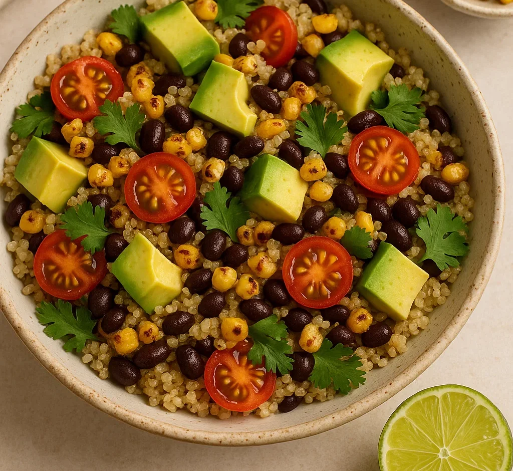 Colorful chili-lime quinoa salad with roasted corn, avocado, cherry tomatoes, and cilantro served in a white bowl.